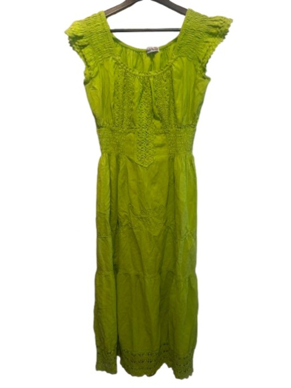 Mexican cotton lime green peasant dress crochet trim
